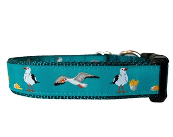 Dog Collar Seagull French Fry Teal Sew Fetch, Fries, Funny Martingale, Plastic or Metal buckle collar
