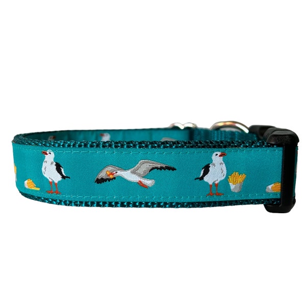 Dog Collar Seagull French Fry Teal Sew Fetch, Fries, Funny Martingale, Plastic or Metal buckle collar