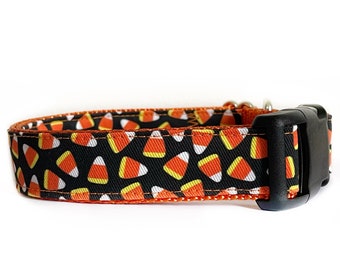 Dog Collar, Halloween Fabric Dog Collar, Metal buckle, plastic buckle, Orange, Candy Corn