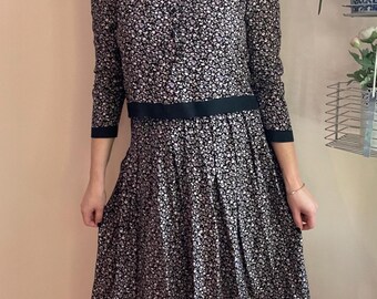 Vintage 90s Black & Purple Floral Print 2 Piece Set, Blouse and Skirt