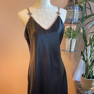 1990&#39;s Black Satiny Spaghetti Strap Nightgown Slip Dress Size Medium