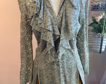 Vintage 1990s Sage Green Lacy Romantic Ruffle Blouse, Size Medium