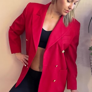 Candy Apple Red &#39;Marks & Spencer&#39; Double Breasted Classic Vintage Wool Blazer Size 12 XL
