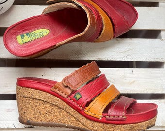 Red & Orange Leather 1990’s 'El Natura Lista' Strappy Wedge Sandals Size 36