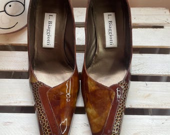 Vintage Tortoise Shell 1970’s L. Biaggiotti Italian Patent Leather Chunky Heel Pumps Size 39