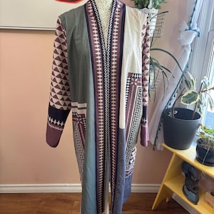 Patchwork Tribal Geometric Print Duster Kimono – Bohemian Open Front Jacket, One Size