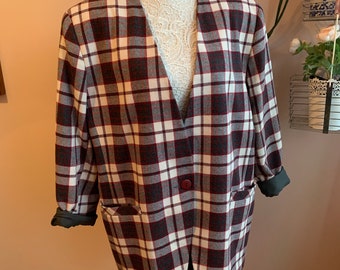 Vintage Cozy Red & Grey Plaid Plus Size One Button Blazer