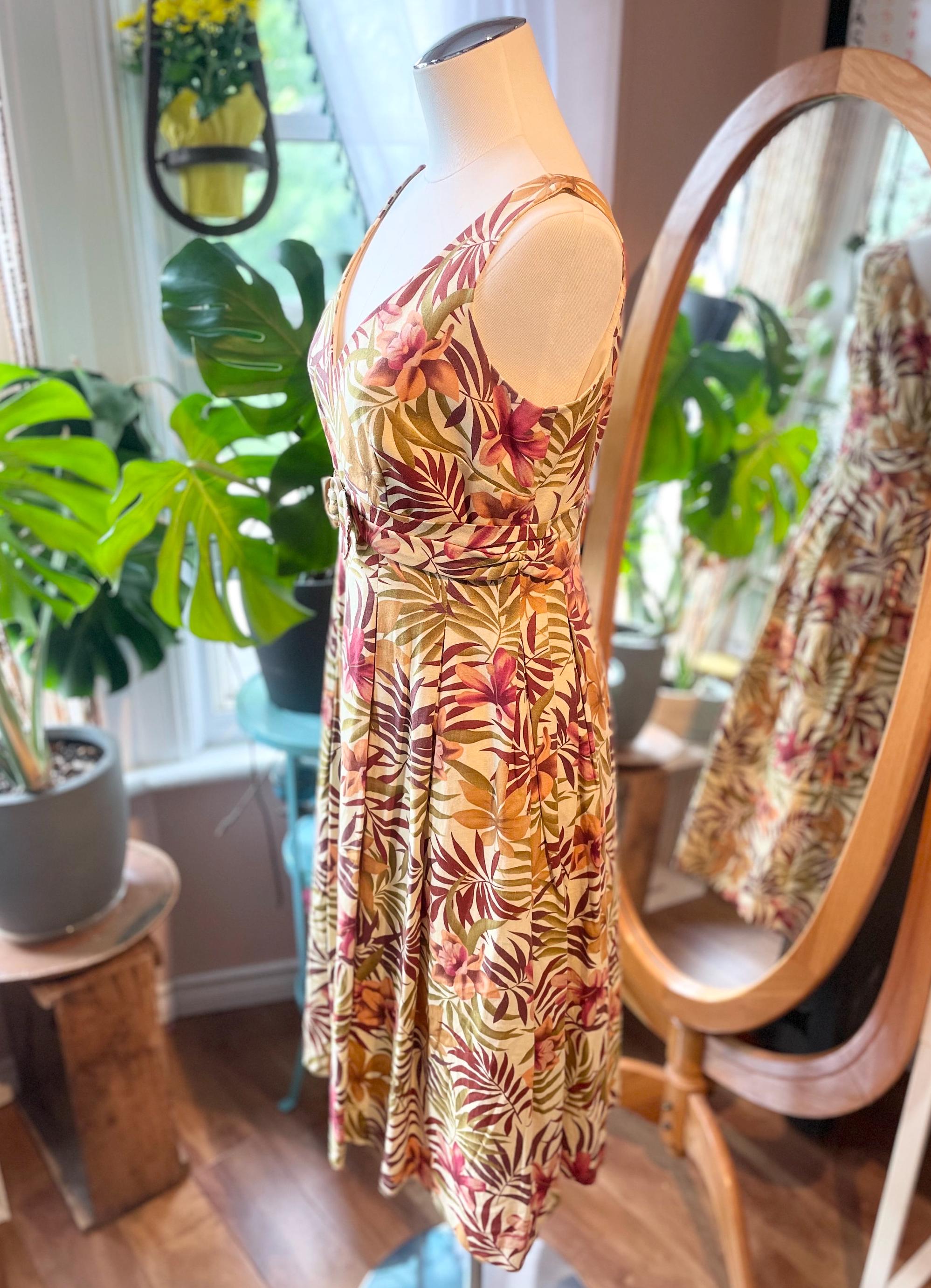liz claiborne sleeveless a-line dress Tropical Floral Print V-neck Midi S/M Made from 100% cotton