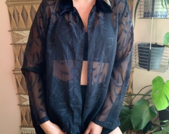 Vintage 1990’s Black on Black Print Sheer 'Tradition' Blouse With Velvet Collar