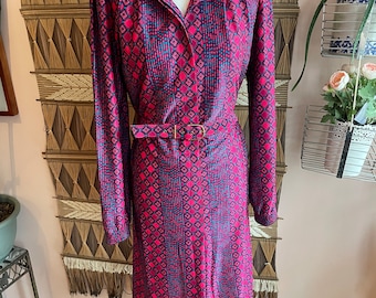 Vintage Bright Purple & Pink All Over Print 'Nat Gordon' Midi Day Dress
