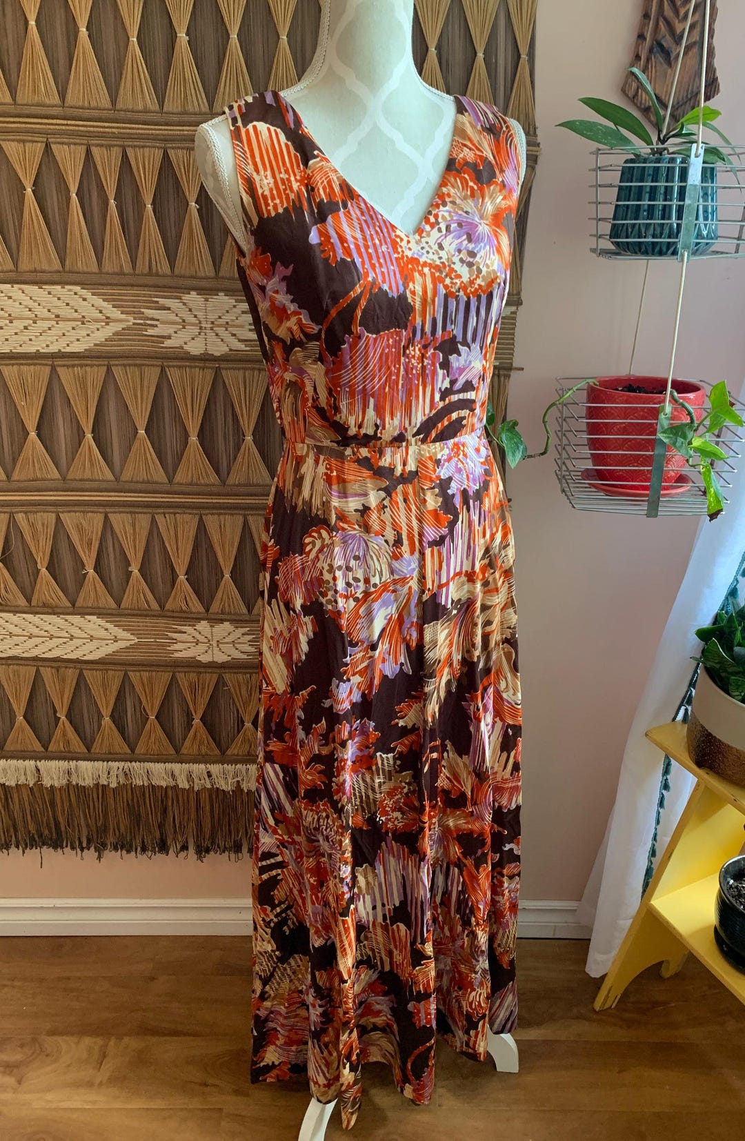 Vintage jaren 1970 Missy House kleurrijke mouwloze maxi-jurk met
