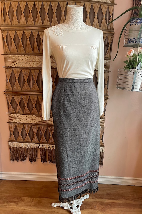 Vintage Black & Grey Wool Blend Embroidered Maxi S