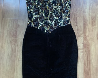 Vintage Black & Gold Jessica McClintock Gunne Sax Strapless Sweetheart Mini Dress