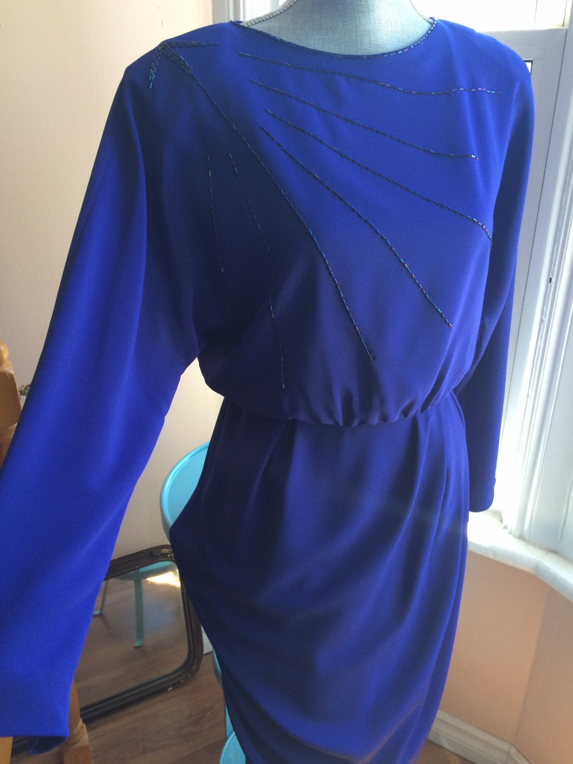 Vintage 1980's Royal Blue Beaded Long Sleeve Dress Sparkle - Etsy