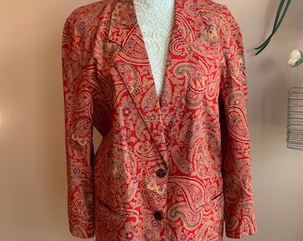 Vintage 1980’s Bright Red Paisley Print Liz Sport 2 Button Blazer