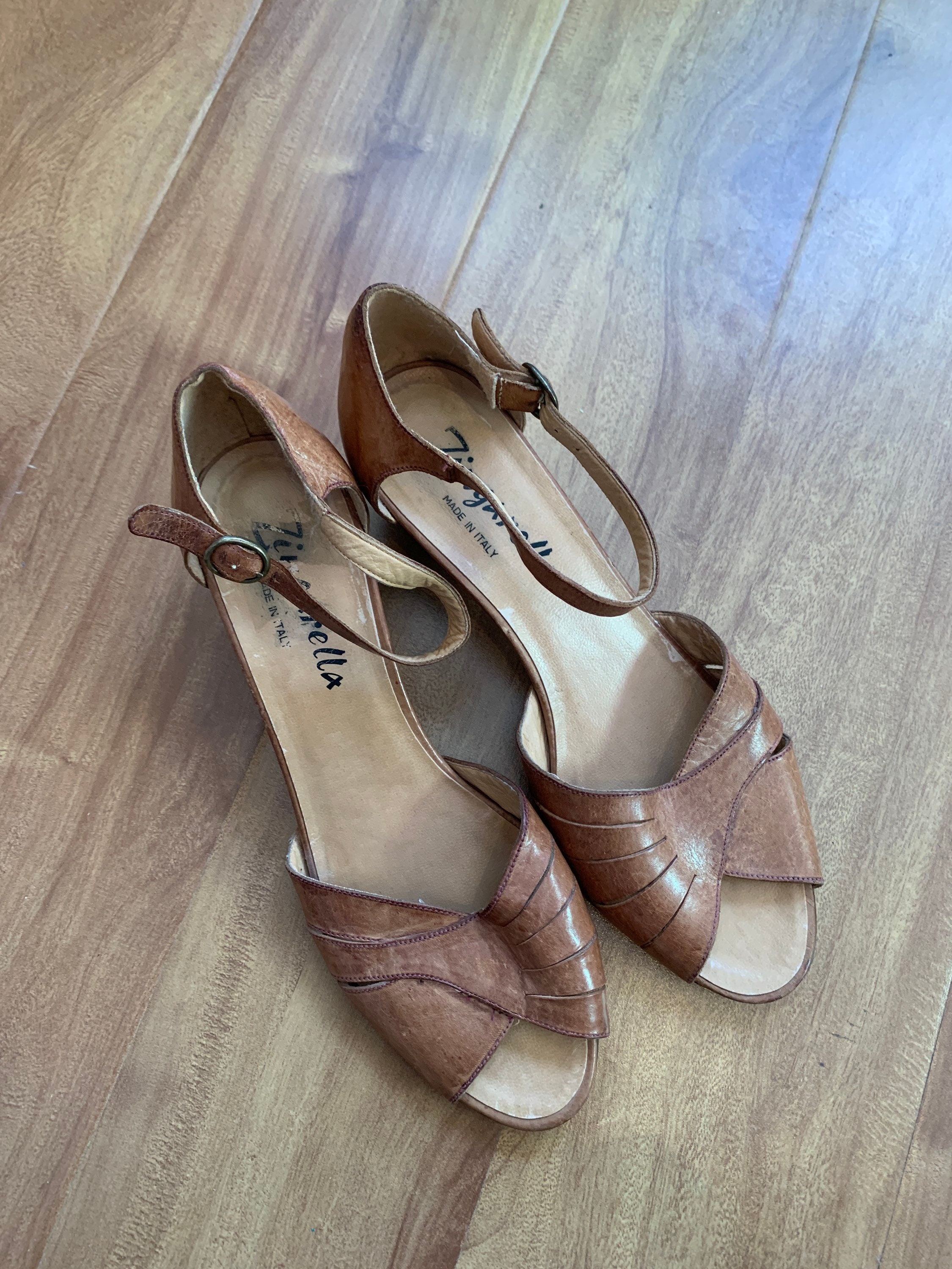 Brown leather low wedge cheap sandals
