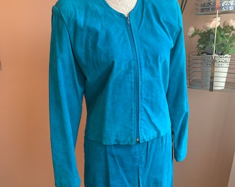 Vintage 1980’s Vibrant Peacock Blue 2 Piece Suede Jacket & Skirt Set