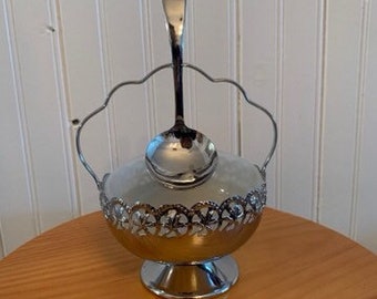 Vintage Stainless Steel Sugar Bowl With Hanging Spoon Made in England