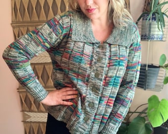 Vintage 1970s Green Space Dye Button Up Cardigan Medium