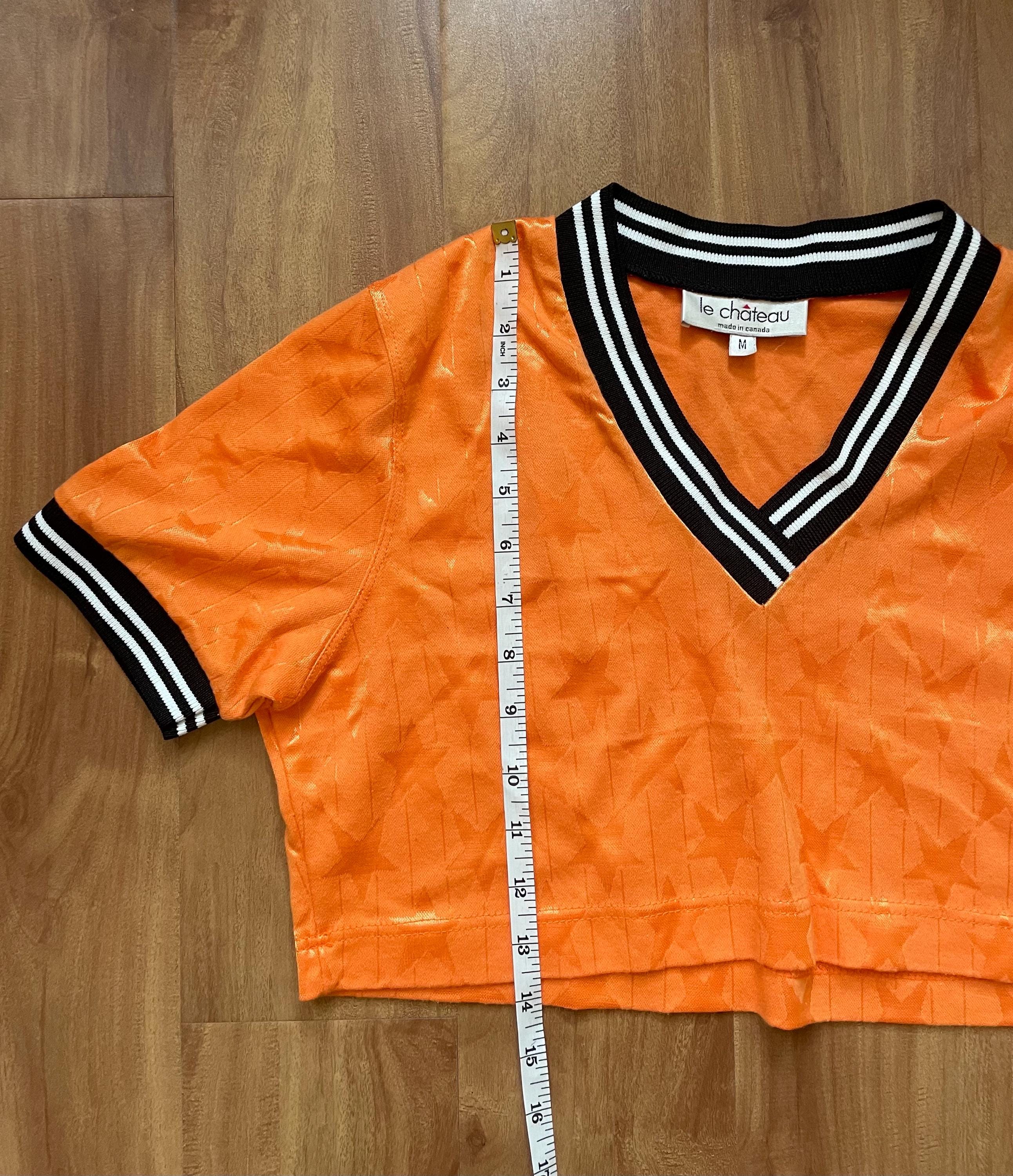 Vintage 1990s Orange 'le Chateau' Cropped V-neck Sports Jersey Top
