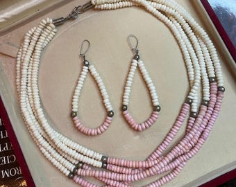 Vintage 80s Pink & White Multi Strand Small Shell Beachy Necklace and Earrings Set