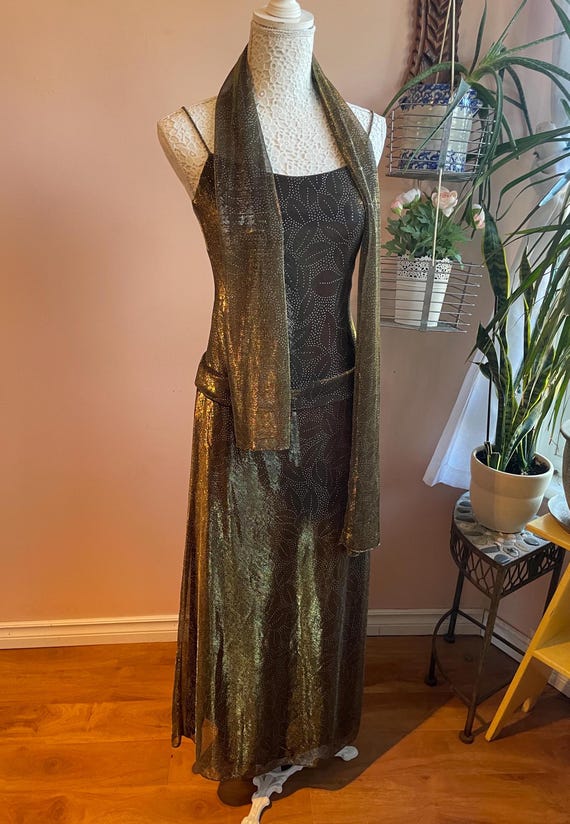 Elegant 'Rebecca' U.S.A. Gold Lurex Drop Waist Evening Gown & Scarf Set, Size Small