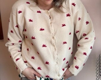 Vintage 1980’s Cottage Chic Cozy Cotton Knit Floral Button Up Cardigan Size XL