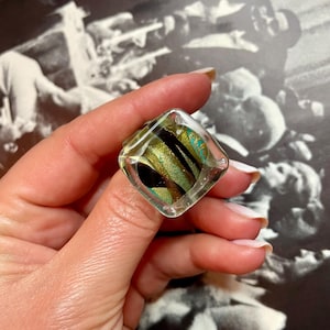 Unique Vintage Turquoise, Black and Gold Glitter Murano Glass Ring Size 7