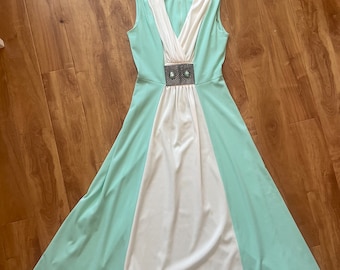 Gorgeous Boho Light Seafoam Green & White Sleeveless Maxi Dress With Metal and Stone Embellishment at Waist