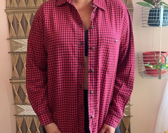 Vintage Pink & Black Check Print Jones New York Sport Button Up Blouse Size Large