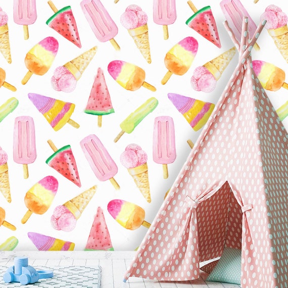 Fondo de pantalla, vinilo, autoadhesivo, helado y sandía en acuarela, primavera, vivero, mural de pared de fotos grande Fondo de pantalla, vinilo, autoadhesivo, helado y sandía en acuarela, primavera, vivero, mural de pared de fotos grande