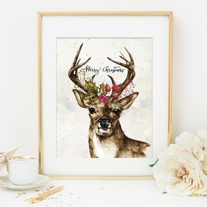 Christmas Deer Printable Art Print, Watercolor Deer Antlers Printable ...