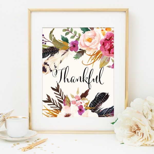 Thankful Printable Art Print, Thanksgiving Printable, 8x10, Fall Artwork, Fall Home Decor, Feathers Flowers Tribal Print, Tribal Wall Art