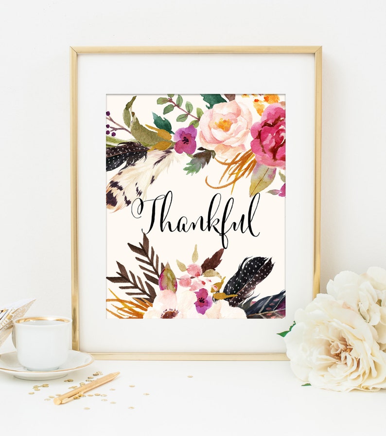 Thankful Printable Art Print, Thanksgiving Printable, 8x10, Fall Artwork, Fall Home Decor, Feathers Flowers Tribal Print, Tribal Wall Art image 1