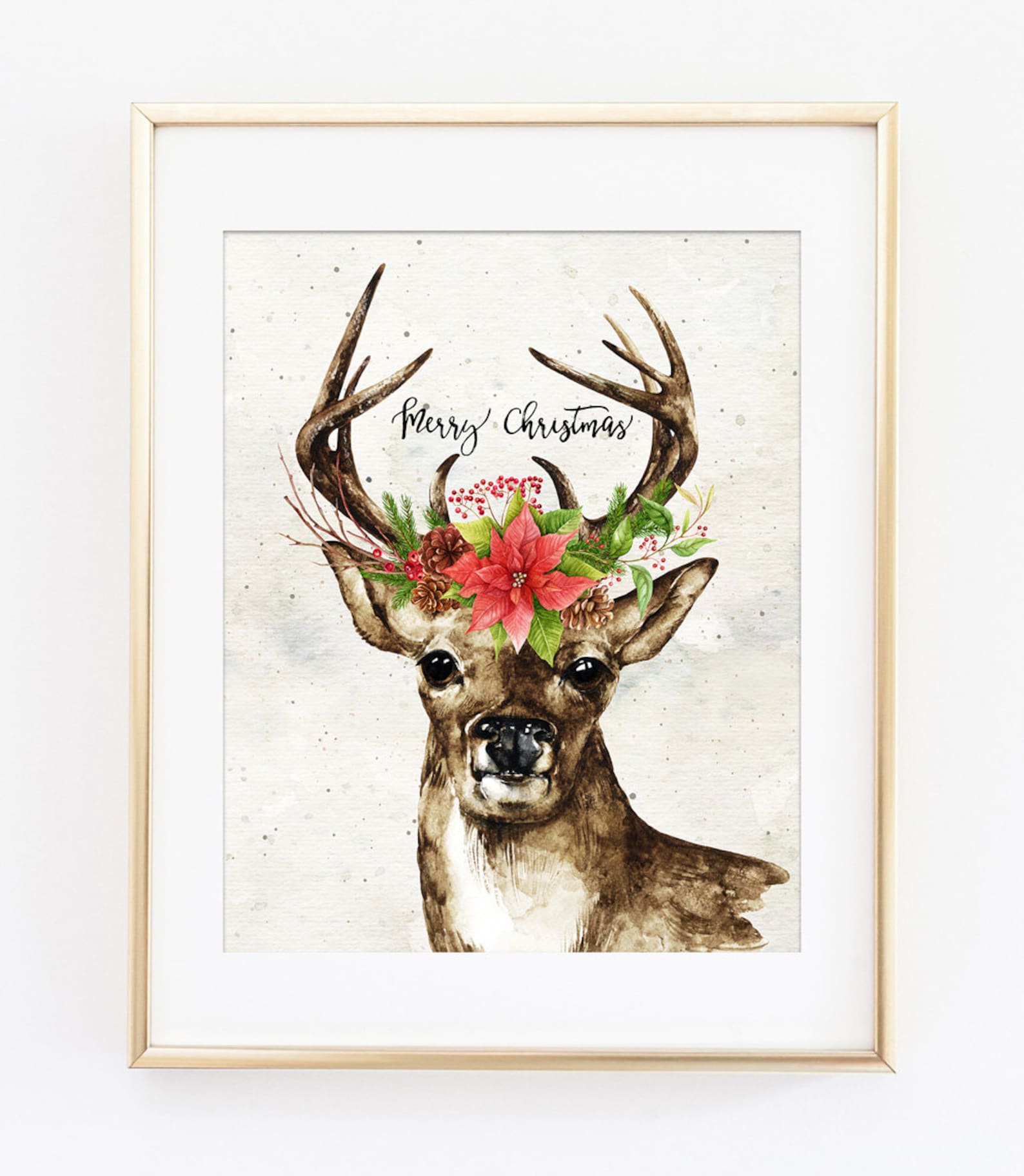 Christmas Deer Printable Art Print, Merry Christmas Print, Watercolor