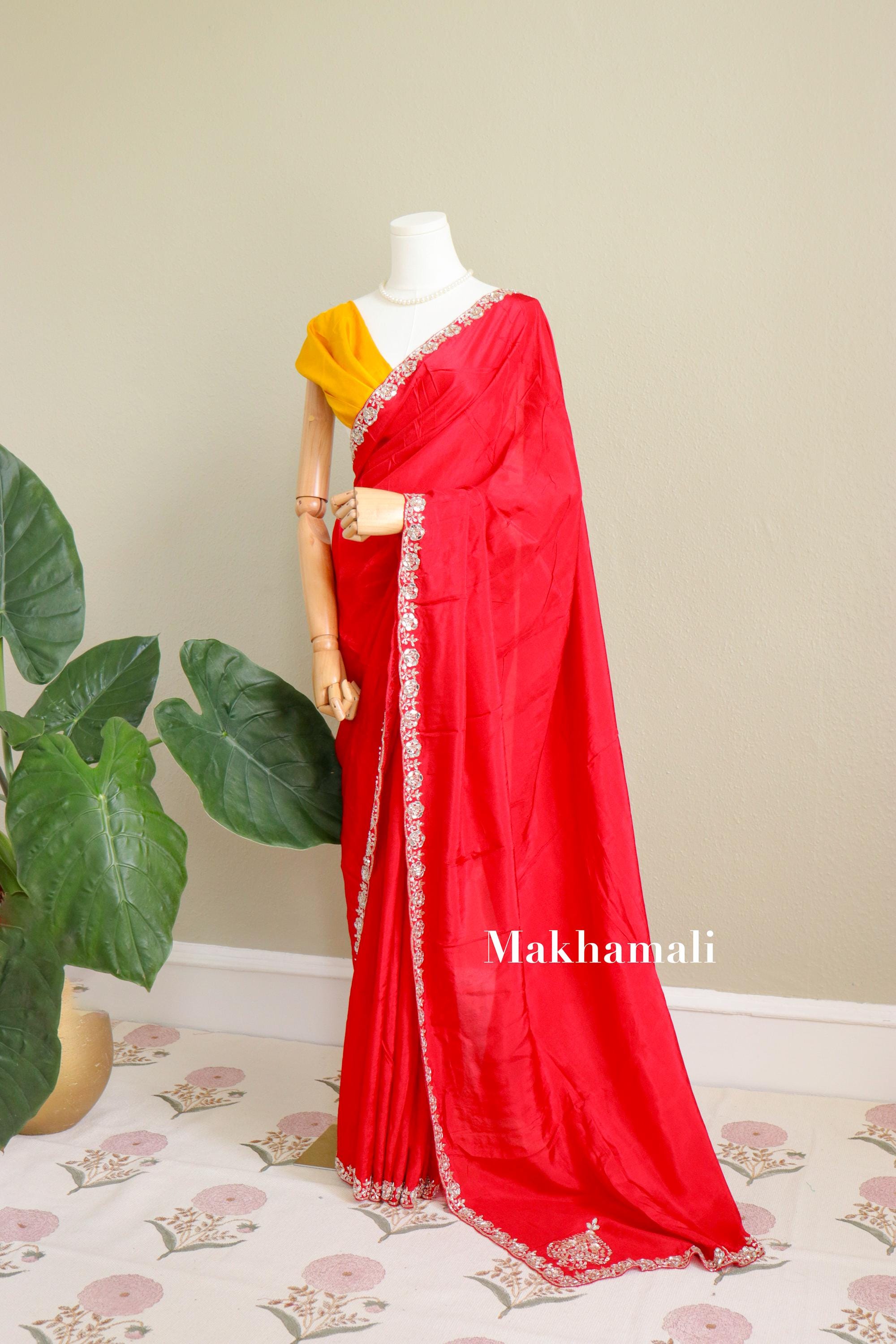 Red and Yellow Colour Combo Saree With Hand Embroidery. Border Inc ...