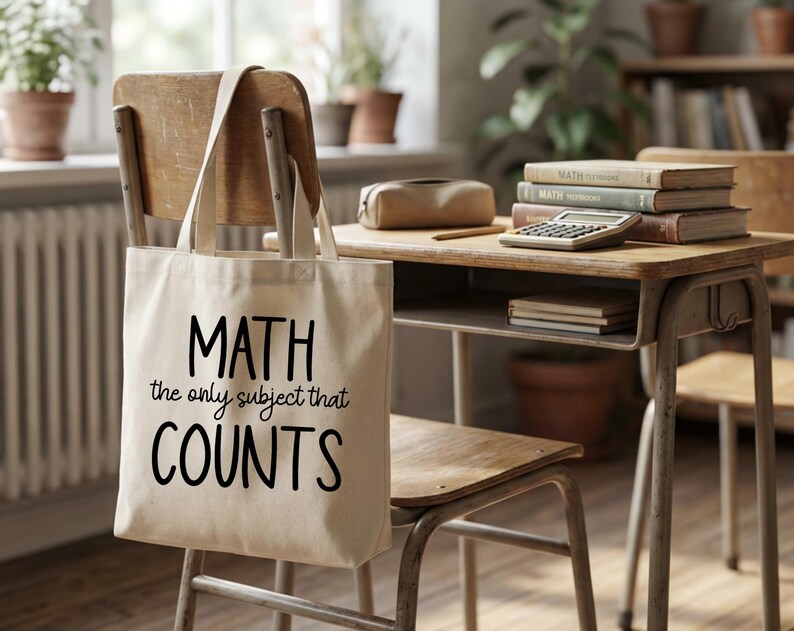 May include: A beige canvas tote bag with the text "MATH the only subject that COUNTS" in black. The bag hangs on the back of a wooden school chair. A vintage school desk with books and a calculator is in the background.