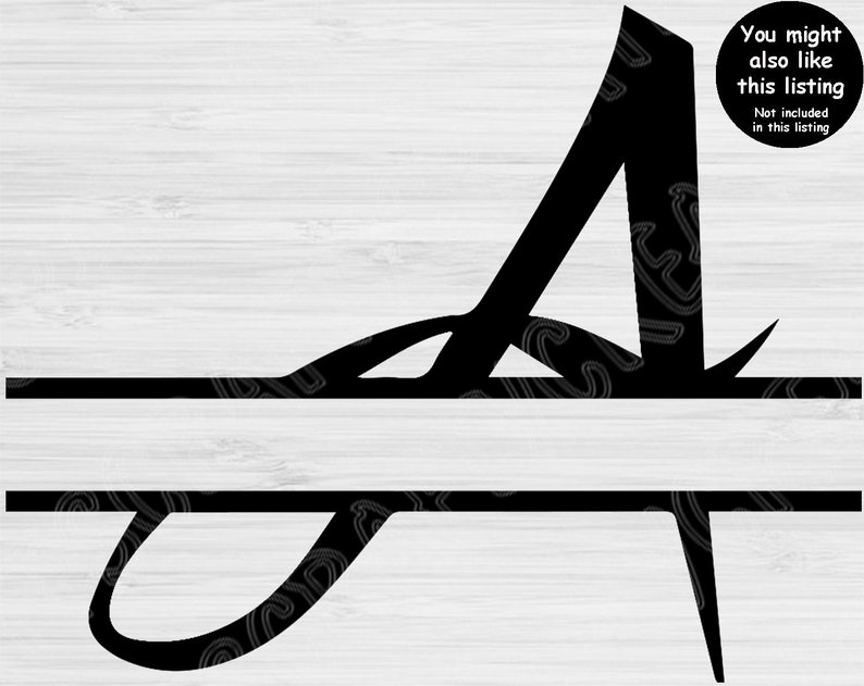 May include: Black and white split monogram design featuring the letter A. The letter is stylized with a flourish and is split in half by a horizontal line.