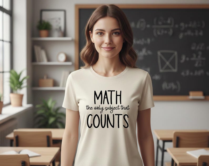 May include: A cream-colored t-shirt with the text "MATH the only subject that COUNTS" in black. The shirt is being worn in a classroom setting, with a chalkboard and desks visible in the background.
