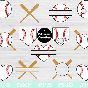 May include: A set of 10 baseball-themed SVG, DXF, EPS, PNG, and JPG files. The designs include a baseball, a heart, a home plate, and a circle, all with baseball stitching and a crossed bat design. The text "4 Different Variations" is included in the image.