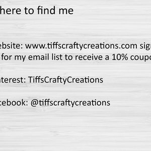 May include: Text on a woodgrain background with the words "Where to find me" and information on how to find the creator's website, Pinterest, and Facebook pages.