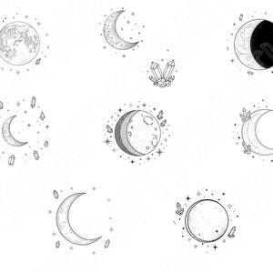 Puede incluir: Una colección de ilustraciones en blanco y negro que representan cuerpos celestes. Los diseños incluyen lunas llenas, medias lunas y fases lunares, así como estrellas y cristales. Las ilustraciones utilizan sombreado detallado y puntillismo.