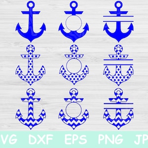 Puede incluir: Conjunto de nueve archivos de corte SVG de anclas azules. Las anclas están en tres estilos diferentes: sólido, de lunares y de chevron. Cada estilo está disponible en tres variaciones: un ancla simple, un ancla con un círculo para un monograma y un ancla con un monograma dividido.