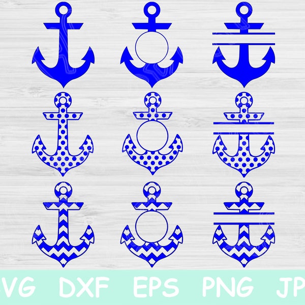 Anchor Svg Cut Files for Cricut and Silhouette. Split Anchor Monogram Svg Circle Frame Chevron and Polka Dot. Nautical Svg Graphic Designs.