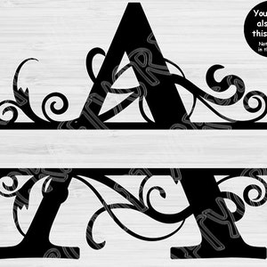 May include: Black and white split monogram initial letter A with ornate floral designs. The letter is split in half with the top half above the bottom half.
