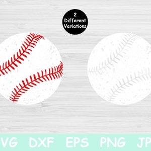 May include: Two variations of a baseball graphic. One is white with red stitching and the other is white with white stitching. Both have a distressed look.