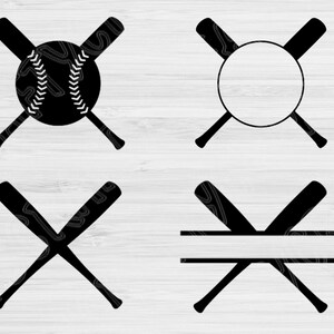 May include: Four black and white baseball bat designs. The first design features a baseball with stitching. The second design features a circle. The third design features two crossed bats. The fourth design features two crossed bats with a space for text.