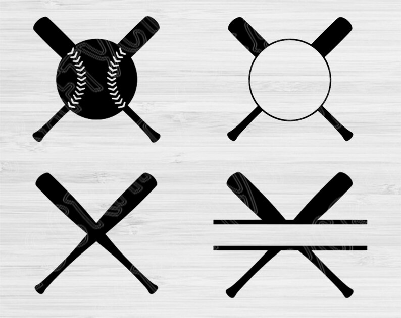 May include: Four black and white baseball bat designs. The first design features a baseball with stitching. The second design features a circle. The third design features two crossed bats. The fourth design features two crossed bats with a space for text.