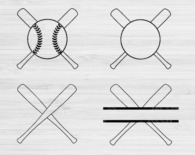 May include: Four black and white baseball bat designs. Two designs feature a baseball in the center, one design features a circle in the center, and one design features two horizontal lines in the center.