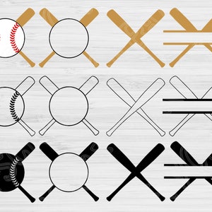 May include: A set of nine baseball-themed SVG cut files. The files include a baseball with stitching, a circle, and two crossed baseball bats. The bats are shown in gold, black, and white.
